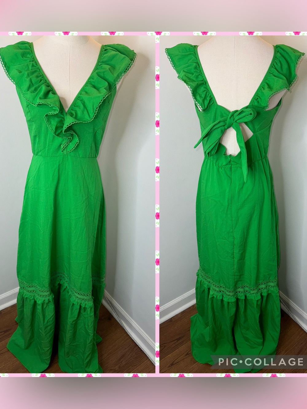 Chicways Women’s Large Kelly Green Beautiful Ruffle Maxi Dress